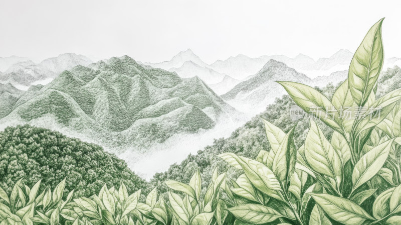 茶山茶叶茶树茶园中国风水墨画铅笔画