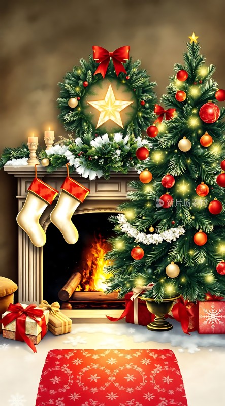 圣诞树与壁炉的温馨场景