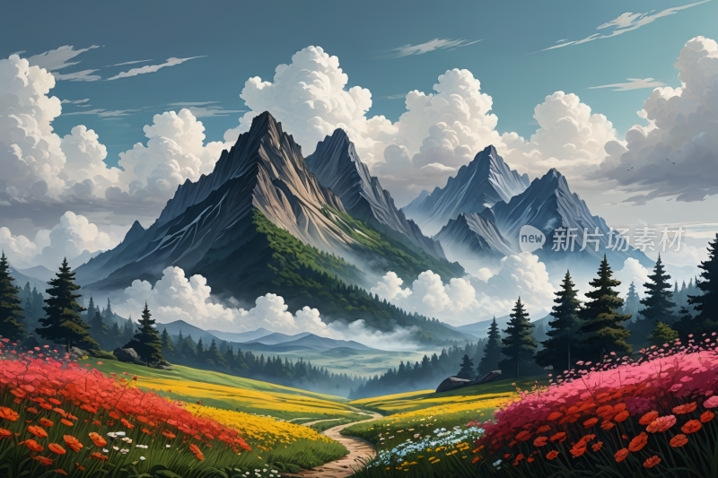 有通往山谷的小路山地景观高清风景插画图片