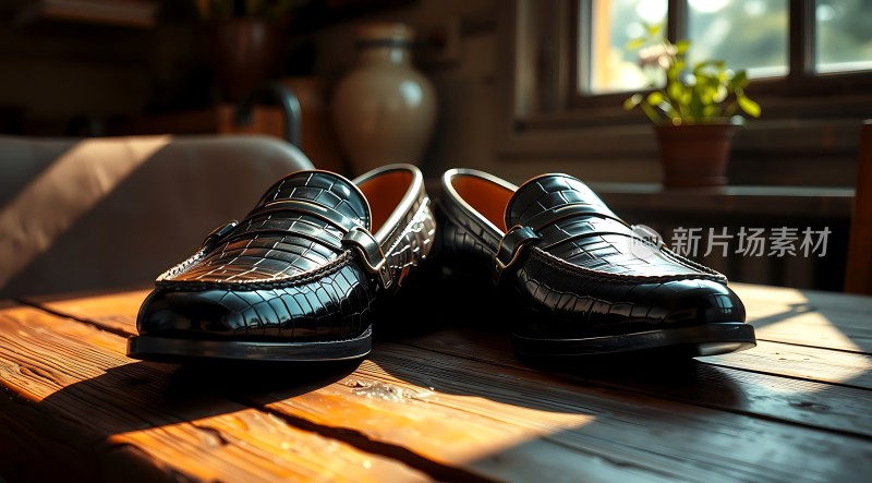 阳光下的黑色皮鞋
