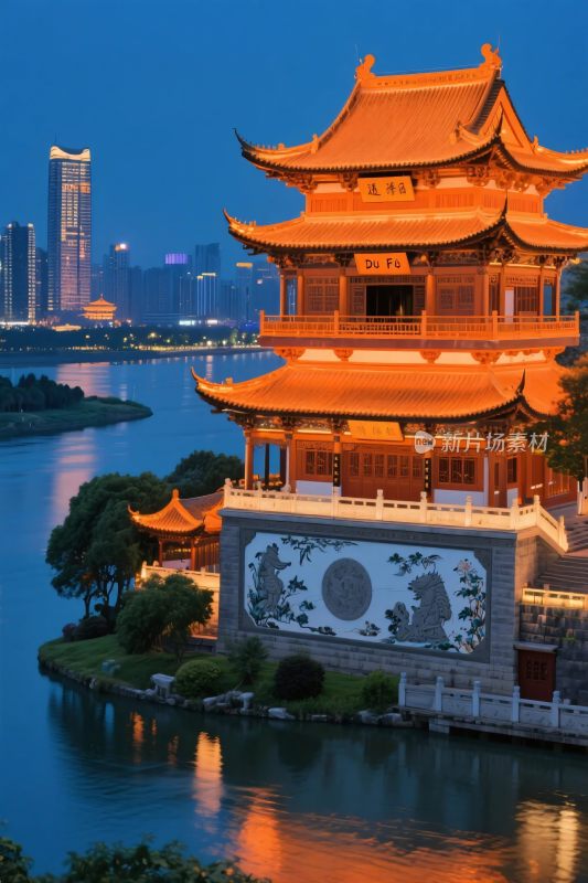 古塔夜景与城市风光