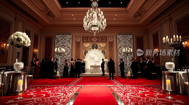豪华婚礼现场红地毯与白色花卉装饰典雅氛围