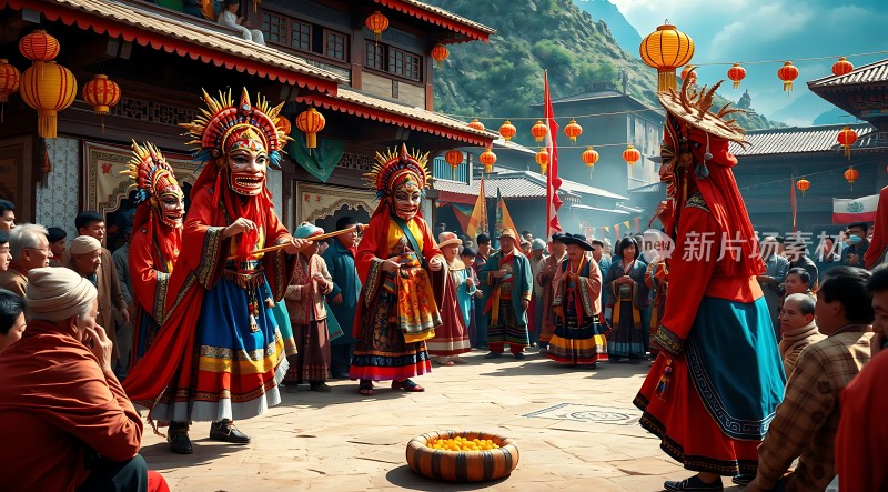 传统节日庆典面具舞者精彩表演