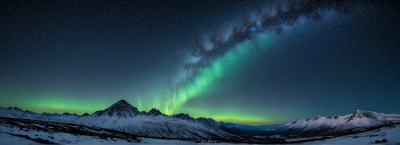 雪山上方有绿光和紫光的星空风景横幅图片