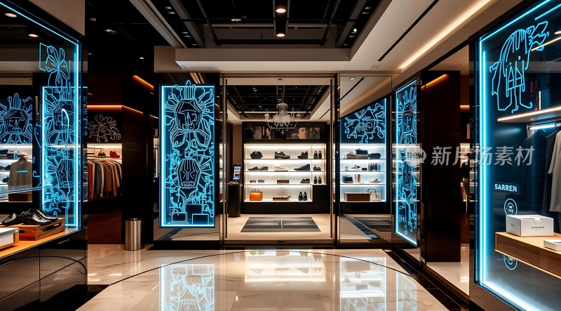 高端时尚鞋店现代设计风格蓝色灯光点缀展示各种高档皮鞋和配饰