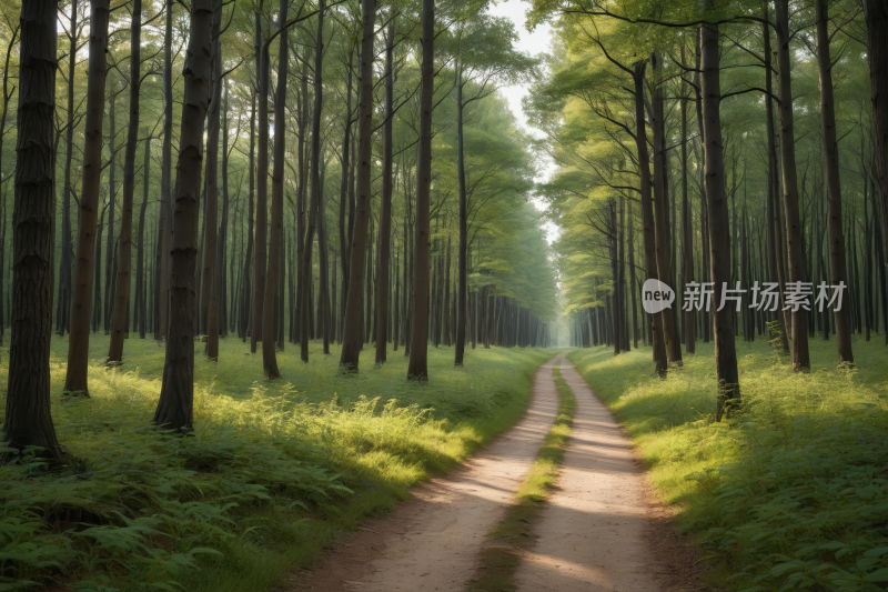 一条土路四周树木草丛环绕高清图片