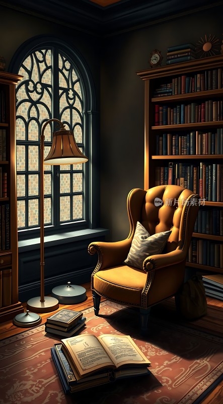 书房一角书架、椅子和台灯营造温馨阅读氛围