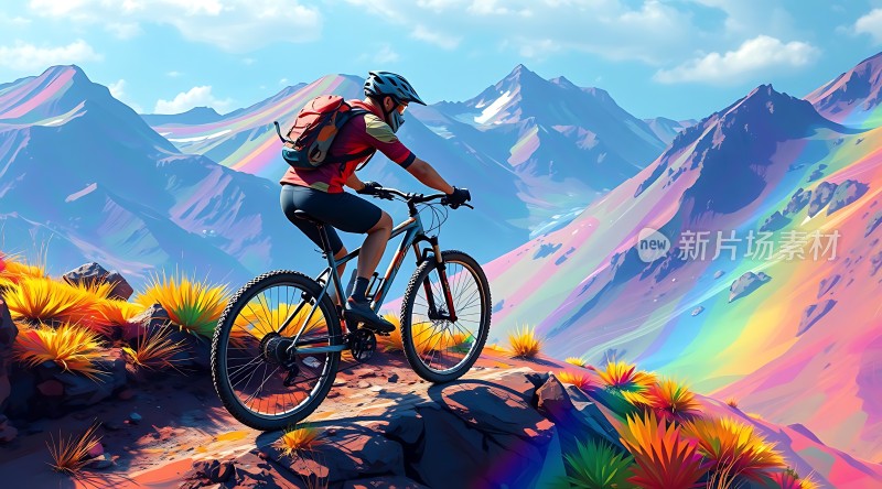 骑行者穿越彩虹山脉
