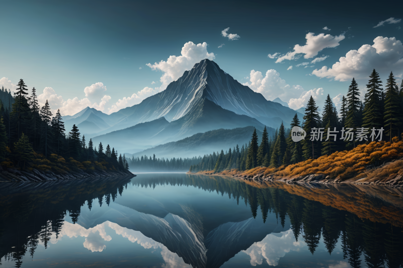 山湖泊高清风景插画图片