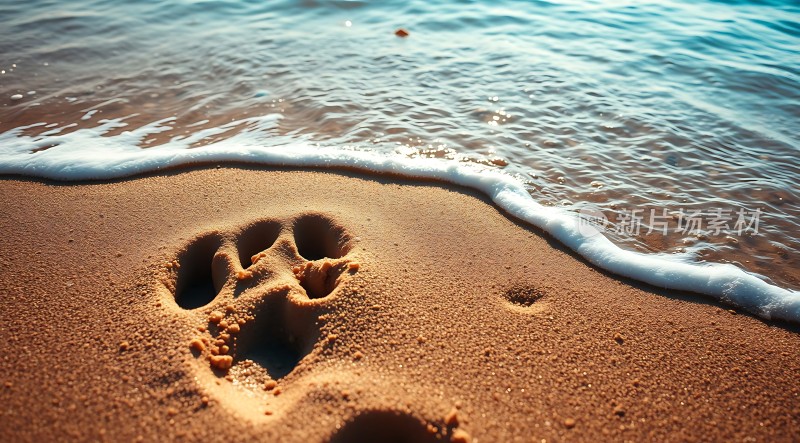 沙滩上的动物脚印与海浪
