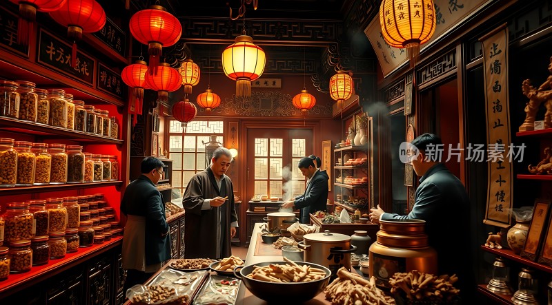 古风药铺里的日常生活场景