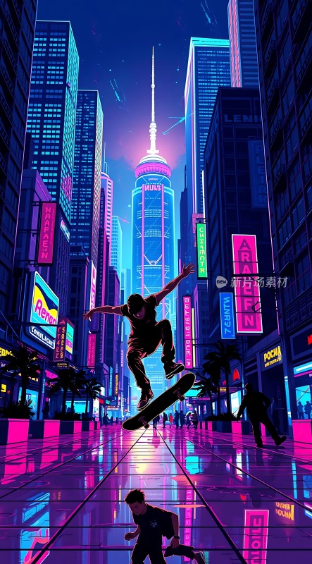霓虹都市滑板少年