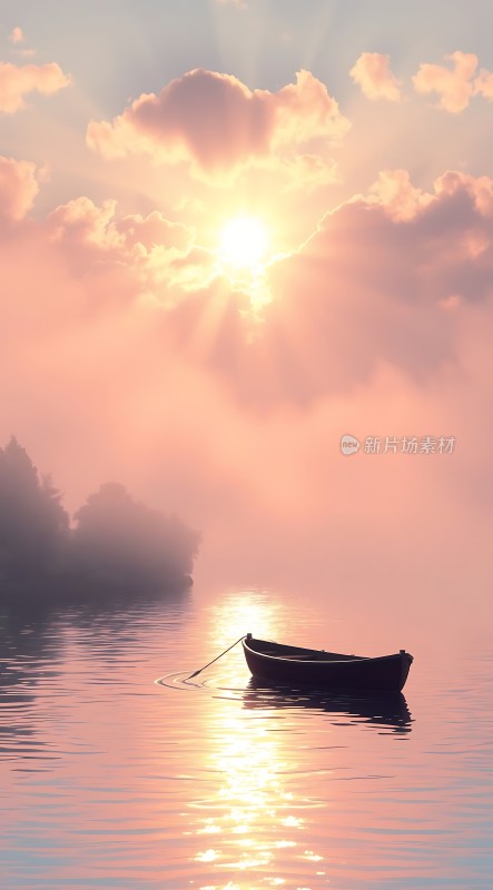 湖畔晨曦映小舟