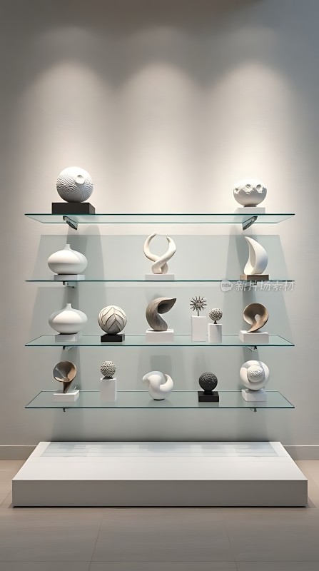 现代艺术雕塑展示简约风格陈列架上的精美艺术品