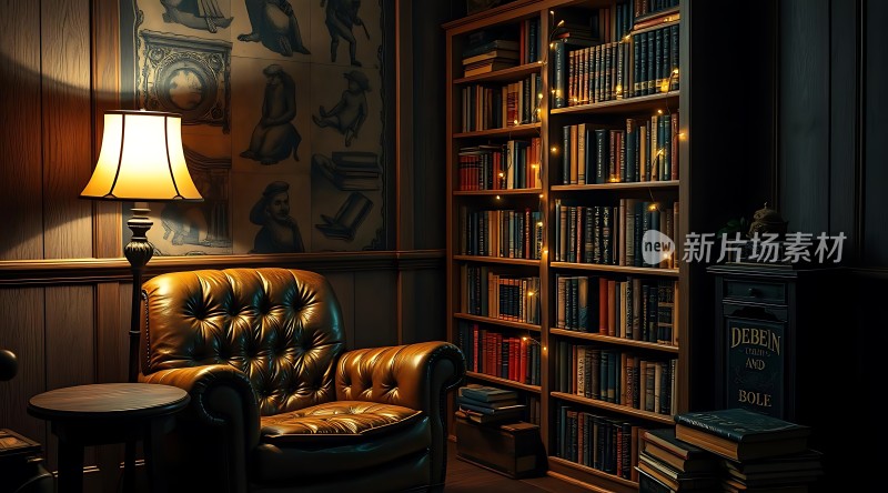 书房一角书架、皮椅与台灯营造温馨氛围
