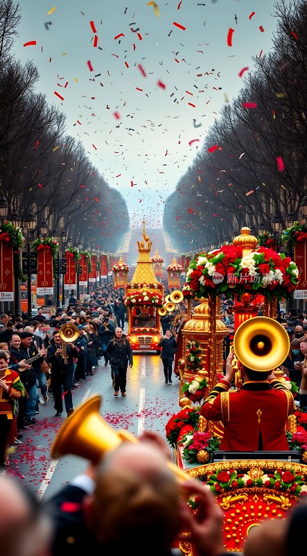 新年狂欢节盛装游行花车巡游观众欢呼五彩缤纷
