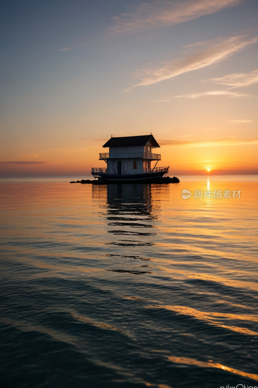 日落时分一艘船屋漂浮在水中高清风景图片