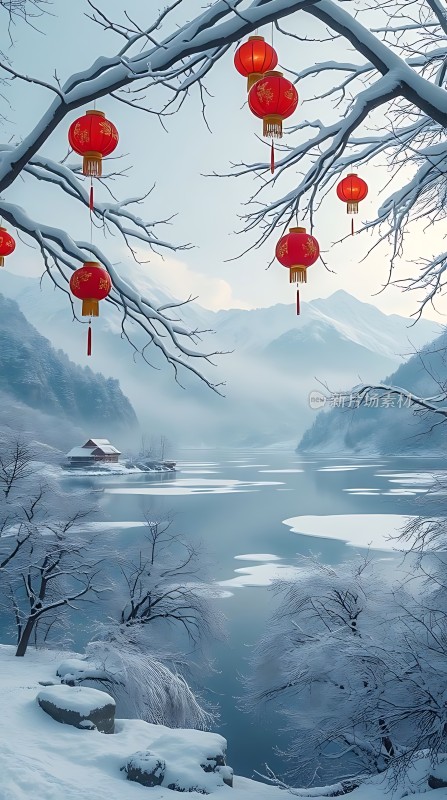 雪映红灯笼山水画中情