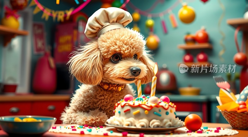 小狗戴厨师帽庆祝生日