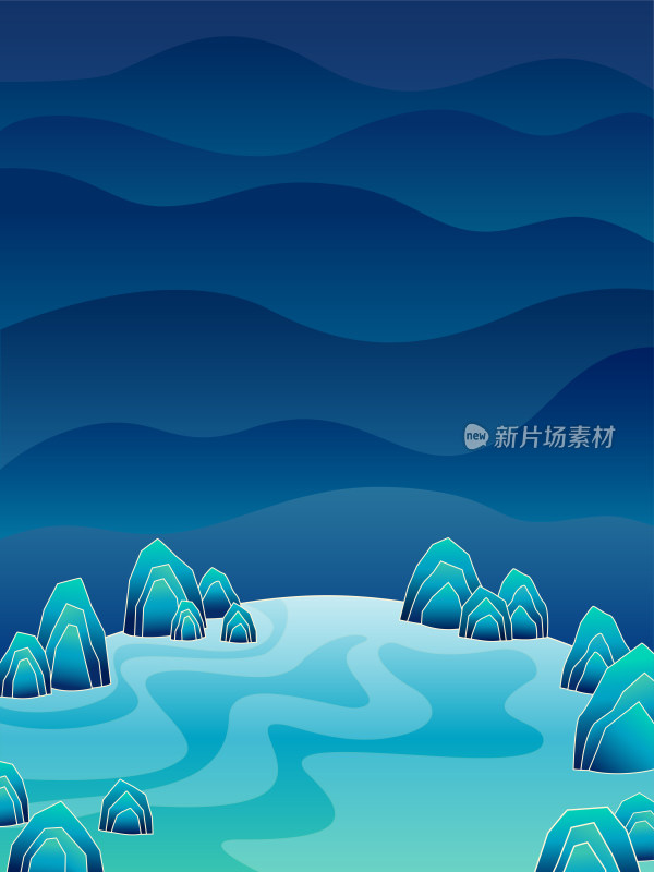 蓝调自然山水风光中国风国潮插画