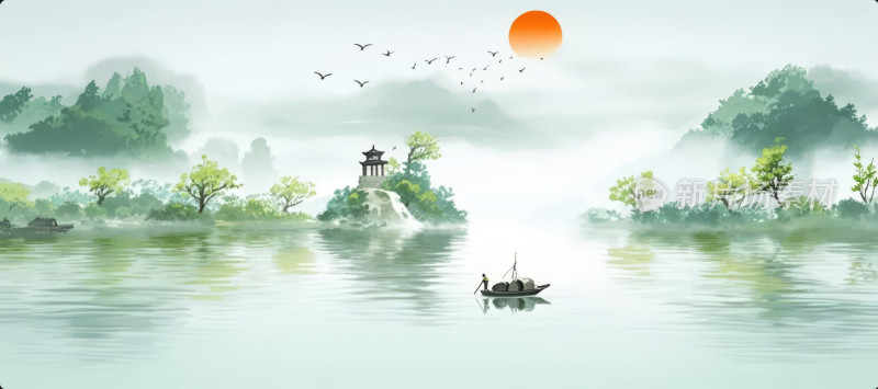水墨江南烟雨朦胧游船古塔中式意境背景图