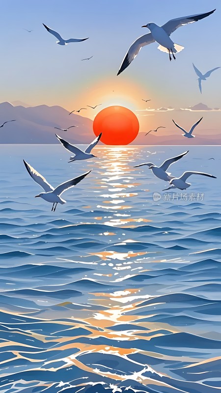 海鸥翱翔日落时分的海洋