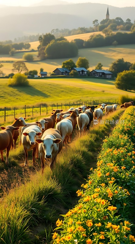 阳光下的田园风光牛羊漫步花丛间