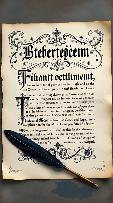 古卷上的羽毛笔与文字