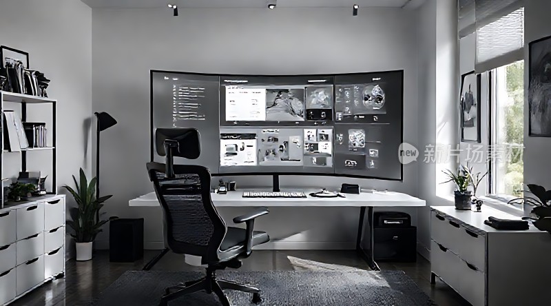 现代简约办公空间曲面屏电脑舒适座椅绿植点缀