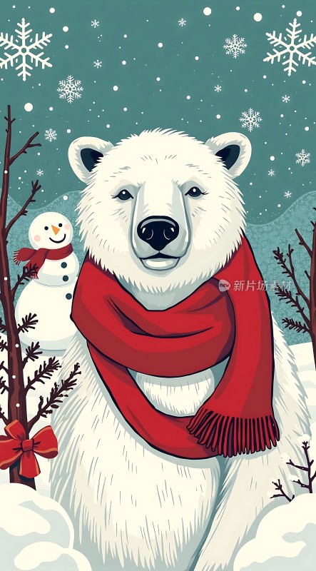 雪地里的北极熊与雪人