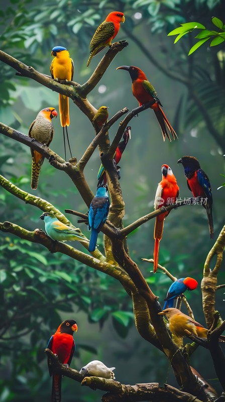 多彩鹦鹉栖息在树枝上