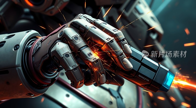 机械臂握住发光设备火花四溅