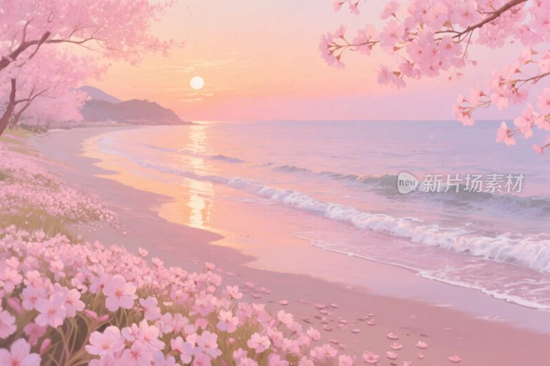 樱花海滩夕阳风景