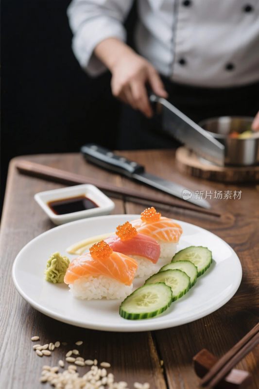 厨师制作的精致寿司摆盘