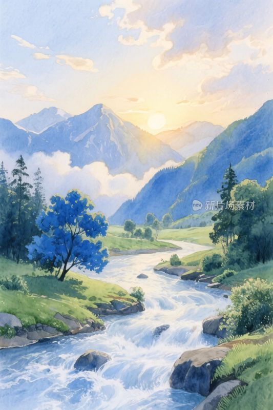 山水风景水彩画