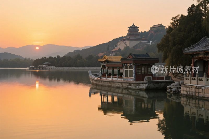 湖边古建风景图