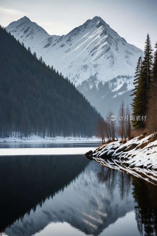 山倒映在雪中的湖水中高清风景图片