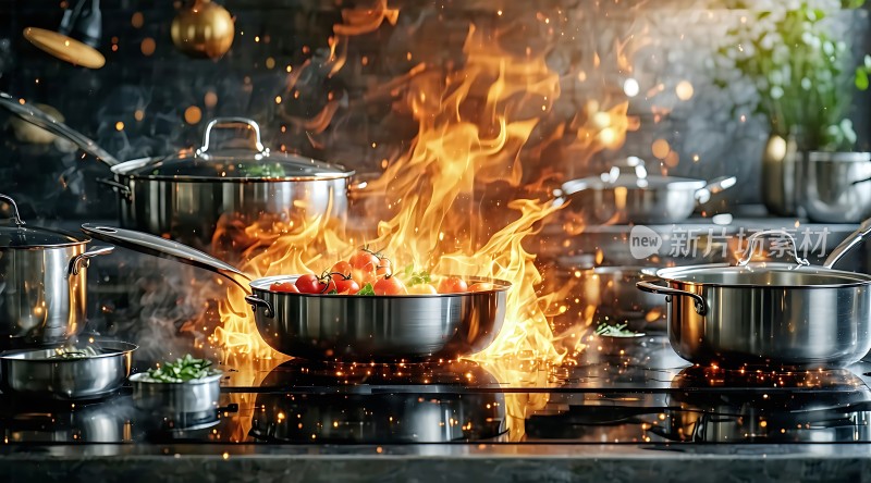 厨房里的火焰与锅具
