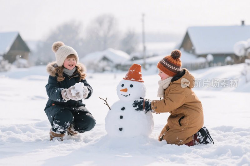孩子堆雪人冬景