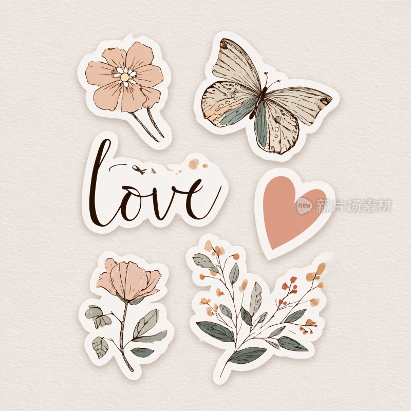 花卉蝴蝶爱心贴纸图案