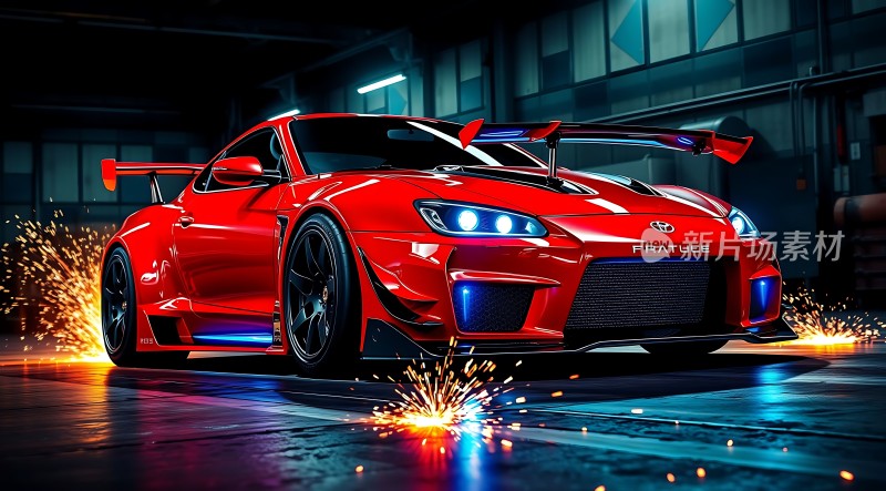 红色赛车在车库中疾驰火花四溅展现速度与激情