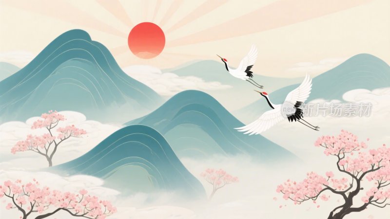 山水间双鹤伴日飞翔图景