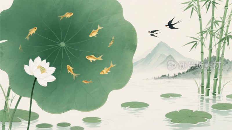 中式荷塘锦鲤山水插画