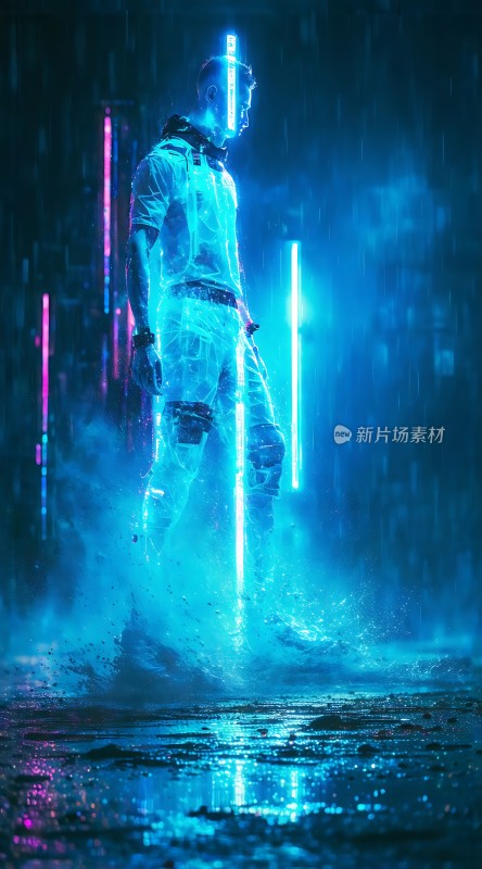 霓虹雨夜未来战士孤影