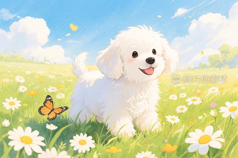 可爱小狗花丛插画