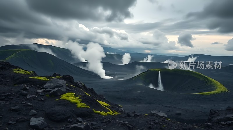 火山口奇景绿色生机与黑色熔岩交织