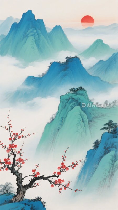 中式山水红梅插画