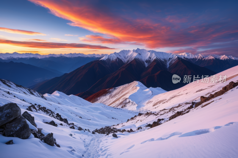 山上积雪远处夕阳西下高清图片