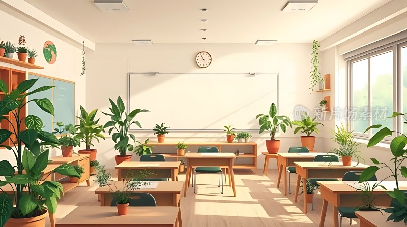 阳光洒满的教室里绿意盎然