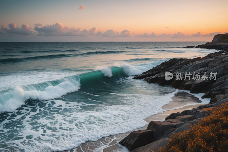 一股海浪涌入海岸高清风景图片